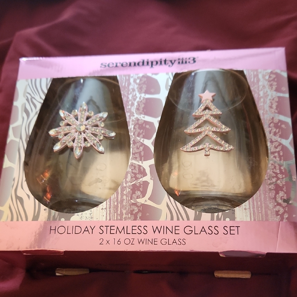 Serendipity Holiday Stemless Wine Glass Set - New In Box w/tags
